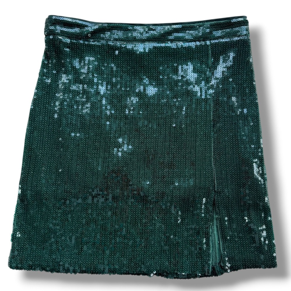 H&M Women's 8 Emerald Green Sequin High Waist Side Slit Mini Skirt Party Holiday